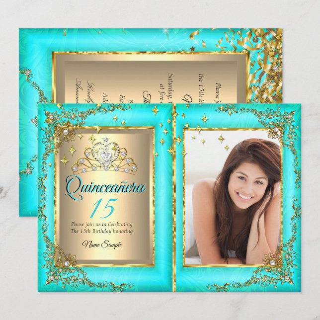 Invitation Quinceanera 15e anniversaire de fête Gold Turquois (Devant / Derrière)