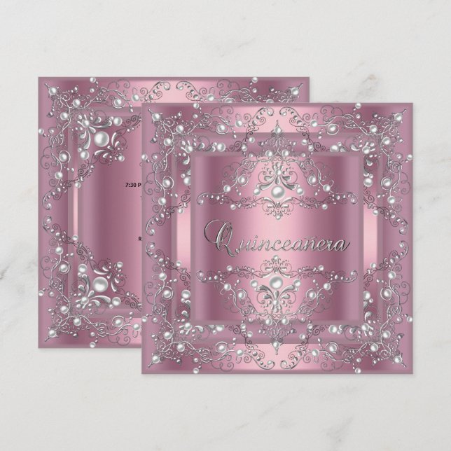 Invitation Quinceanera 15e anniversaire de fête Perle rose (Devant / Derrière)