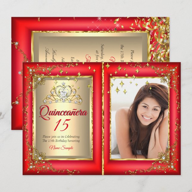 Invitation Quinceanera 15e anniversaire de la fête Gold Red P (Devant / Derrière)