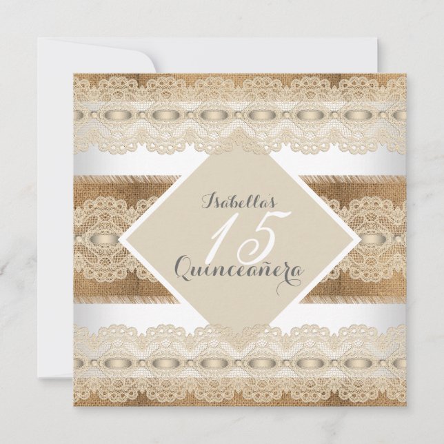Invitation Quinceanera 15e anniversaire dentelle beige Burlap (Devant)