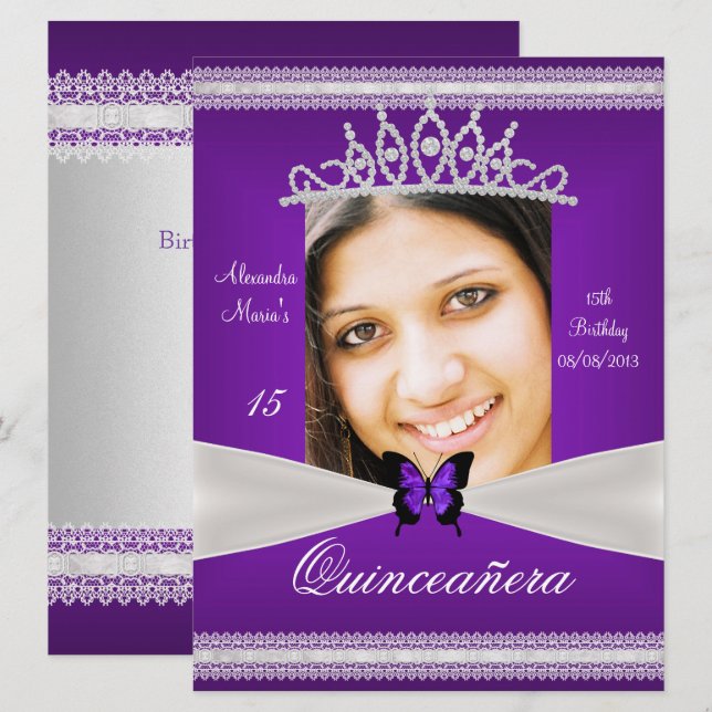 Invitation Quinceañera 15e anniversaire dentelle violette bla (Devant / Derrière)
