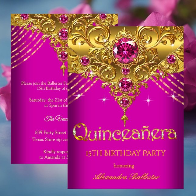 Invitation Quinceanera 15e anniversaire Exotic Fuchsia Or ros (Créateur téléchargé)