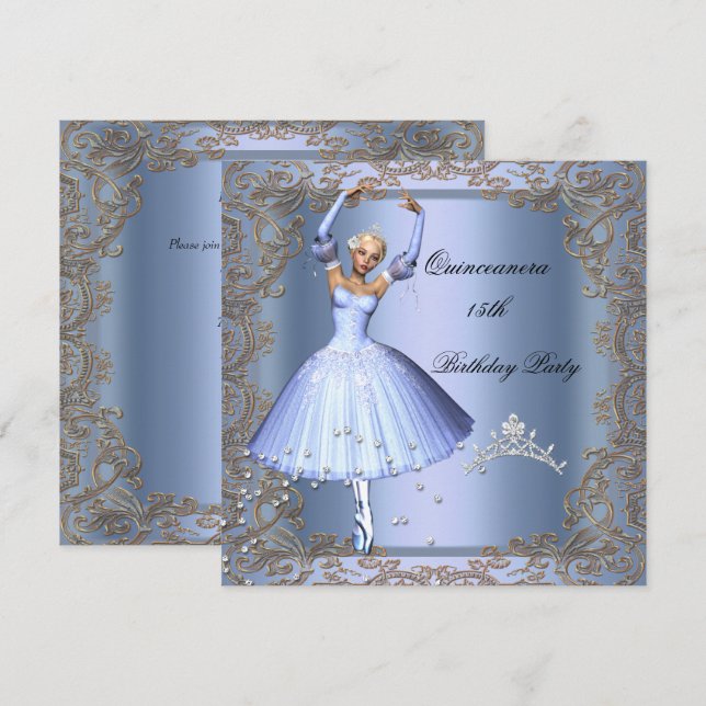 Invitation Quinceanera 15e anniversaire fête Bleu Ballerina (Devant / Derrière)