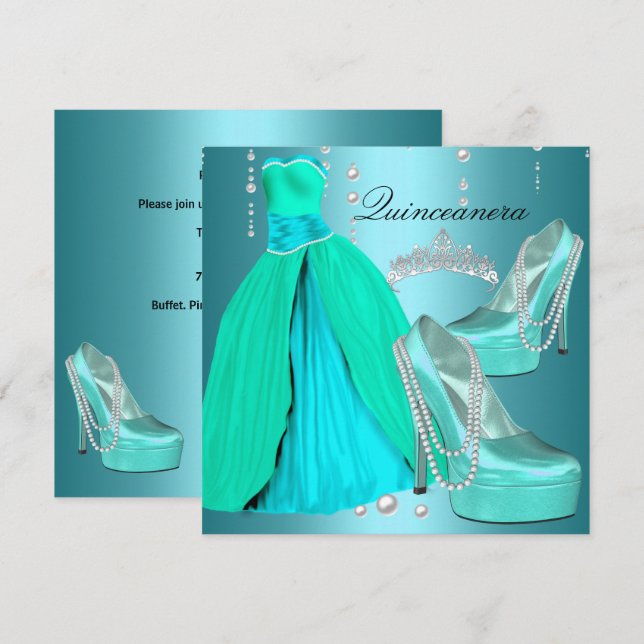 Invitation Quinceanera 15e anniversaire fête robe bleue Turqu (Devant / Derrière)