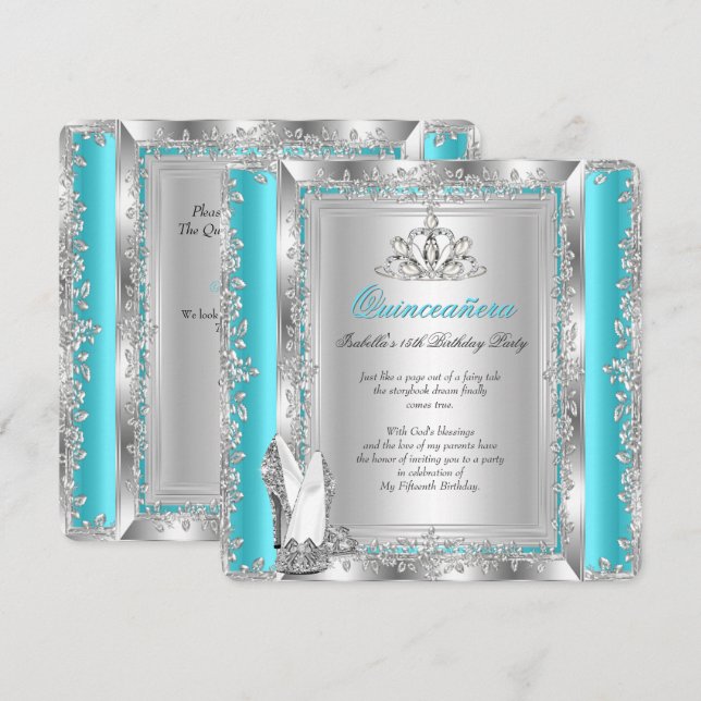 Invitation Quinceanera 15e anniversaire fête Turquoise chauss (Devant / Derrière)