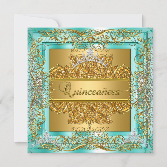 Invitation Quinceañera 15e anniversaire Gold Turquoise Argent (Devant)