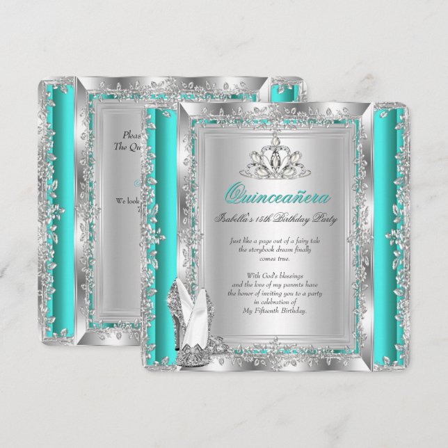 Invitation Quinceanera 15e anniversaire Jade Green Silver Cha (Devant / Derrière)