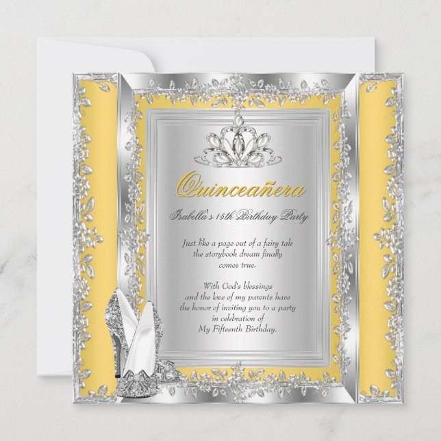Invitation Quinceanera 15e anniversaire Jaune Chaussures d'ar (Devant)