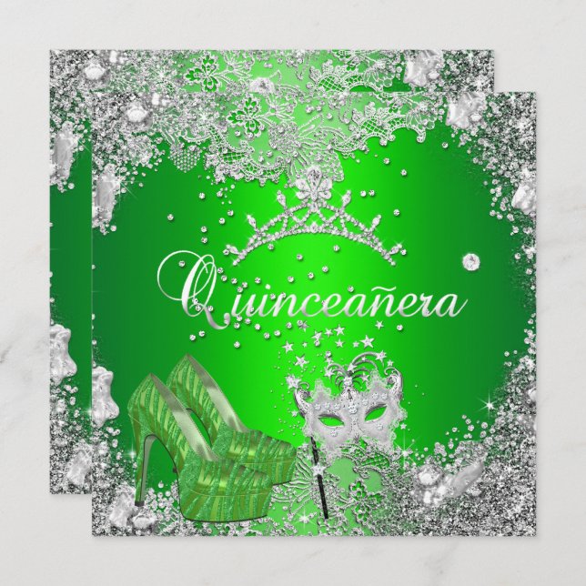 Invitation Quinceanera 15e Anniversaire Lime Masque d'argent  (Devant / Derrière)