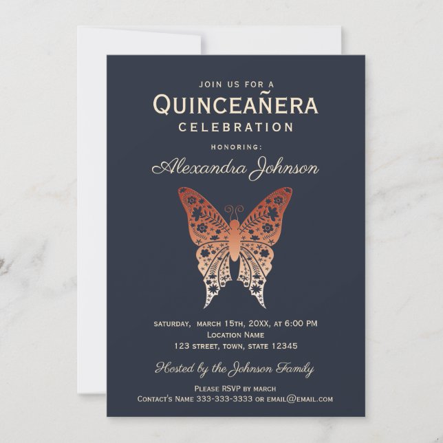 Invitation Quinceanera 15e anniversaire Marine et or Rose (Devant)