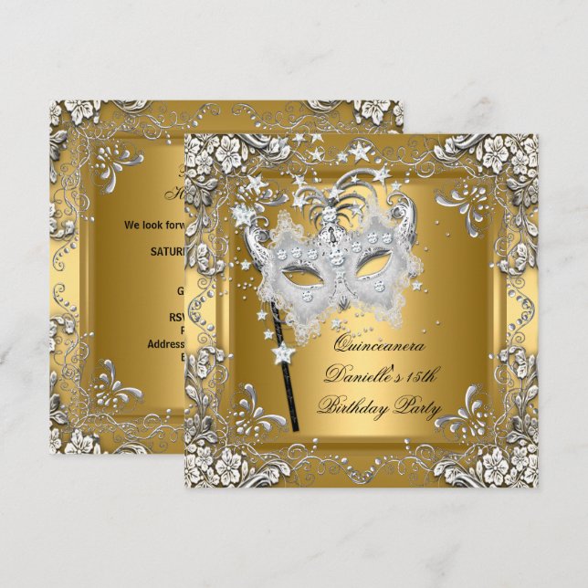 Invitation Quinceanera 15e anniversaire Masquerade Masque Or (Devant / Derrière)