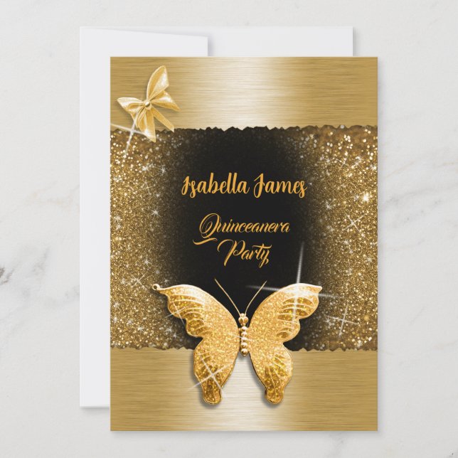 Invitation Quinceañera 15e anniversaire noir feuille d'or lux (Devant)