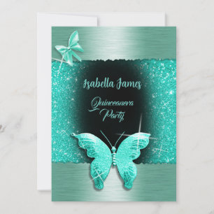 Invitation Quinceañera 15e anniversaire noir feuille turquois