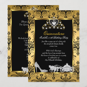 Invitation Quinceanera 15e Anniversaire Noir Or Damassé