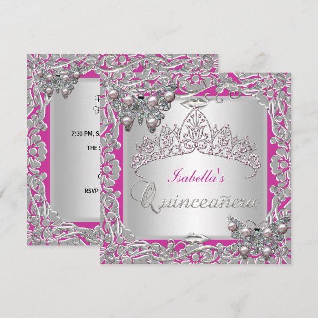 Invitation Quinceanera 15e anniversaire papillons argent rose (Devant / Derrière)