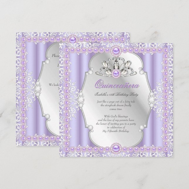 Invitation Quinceanera 15e anniversaire Pearl Purple Argent (Devant / Derrière)