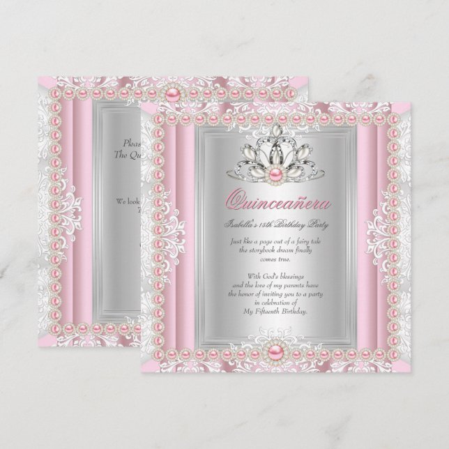 Invitation Quinceanera 15e anniversaire Pearl rose clair (Devant / Derrière)