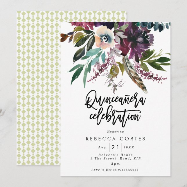 Invitation Quinceanera 15e anniversaire plumes florales (Devant / Derrière)