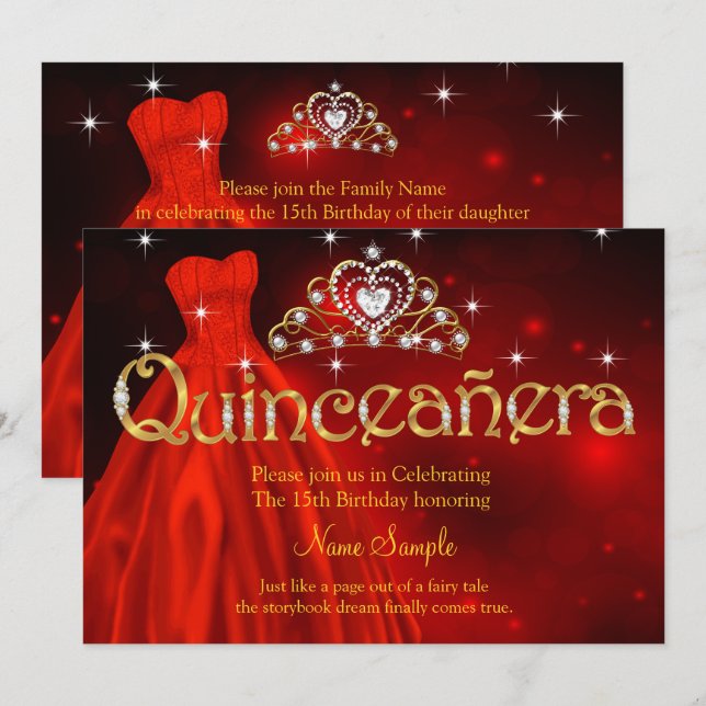 Invitation Quinceanera 15e anniversaire Regal Robe Rouge Tiar (Devant / Derrière)
