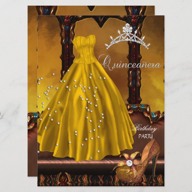 Invitation Quinceanera 15e Anniversaire Robe d'or de fête (Devant / Derrière)