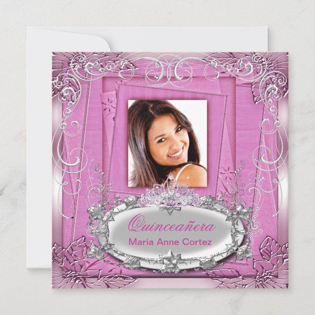 Invitation Quinceañera 15e anniversaire rose blanc argent Tia (Devant)