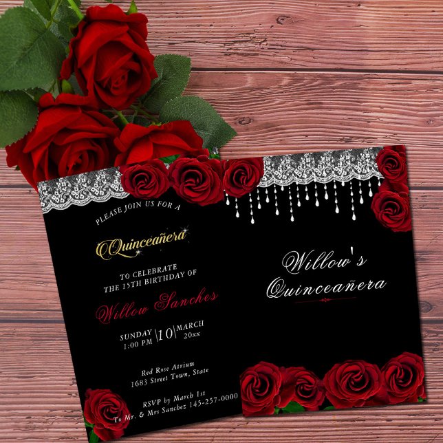 Invitation Quinceanera 15e anniversaire Roses rouges Dentelle (Red Roses Quinceanera Invitation)
