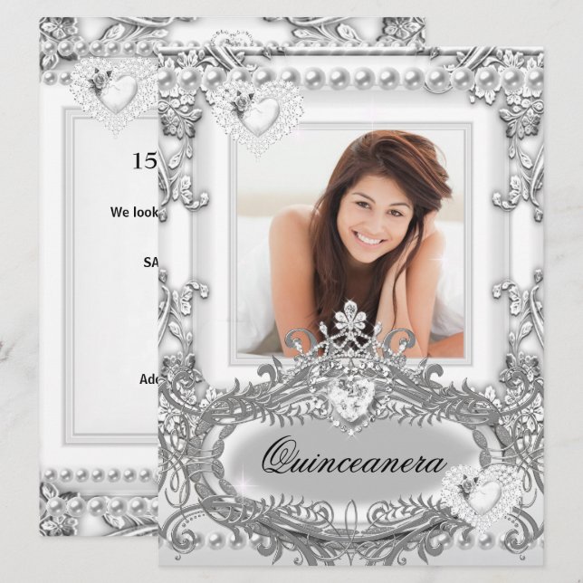 Invitation Quinceanera 15e anniversaire Silver White (Devant / Derrière)