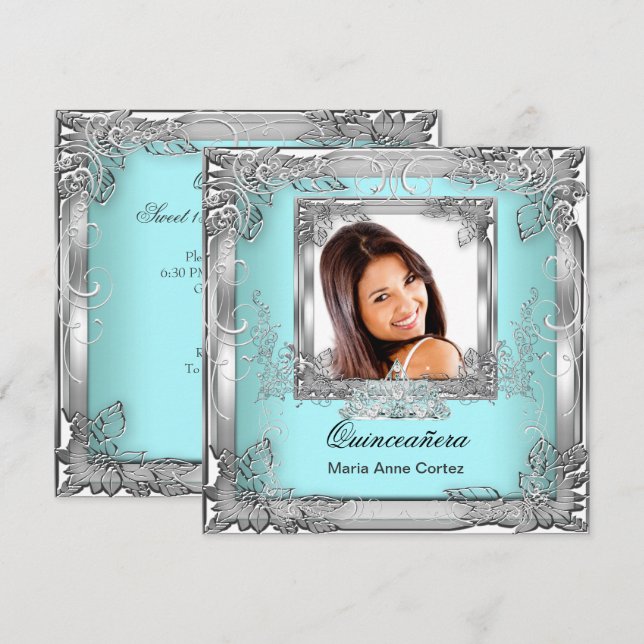 Invitation Quinceañera 15e anniversaire Turquoise blanc argen (Devant / Derrière)