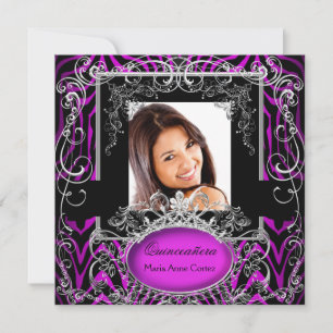 Invitation Quinceanera 15e Anniversaire Violet Noir Blanc Zèb