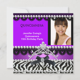 Invitation Quinceanera 15e Black violet Zebra Pearl Tiara