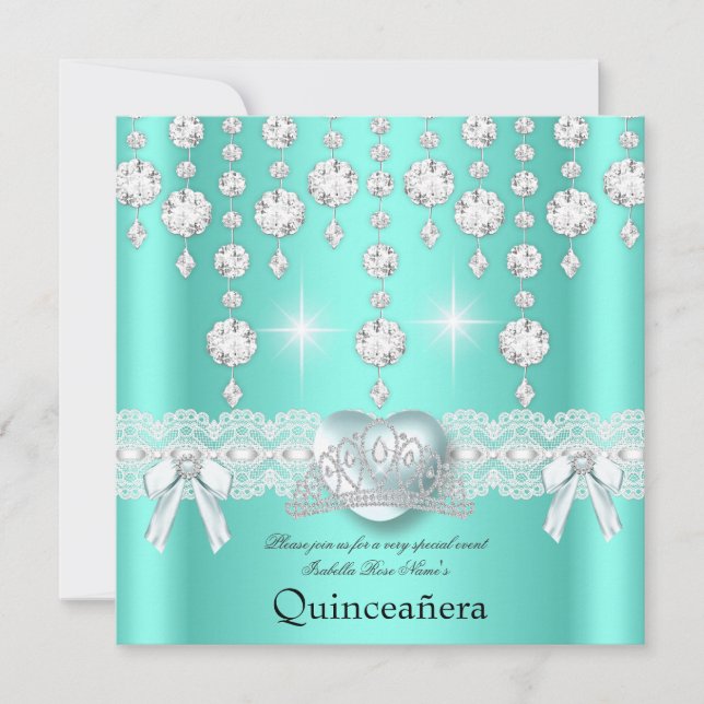 Invitation Quinceanera 15e Carreau Turquoise de coeur d'argen (Devant)