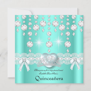 Invitation Quinceanera 15e Carreau Turquoise de coeur d'argen