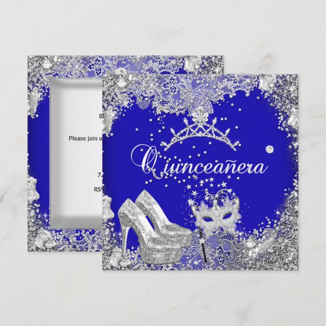 Invitation Quinceanera 15e Cobalt Blue Silver Mask Tiara (Devant / Derrière)