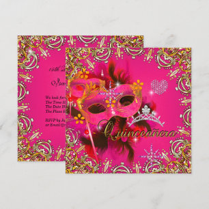 Invitation Quinceanera 15e Coral Rose Masquerade Party Gold
