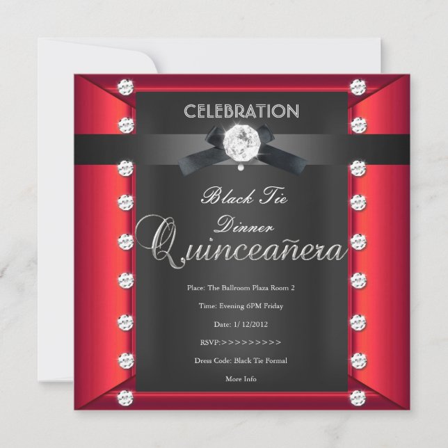 Invitation Quinceanera 15e Cravate noire noir blanc rouge (Devant)