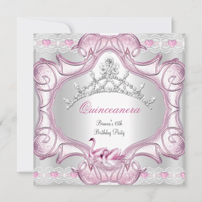 Invitation Quinceanera 15e cygnes roses blancs Tiara (Devant)