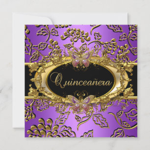 Invitation Quinceanera 15e Damask Purple Gold Black