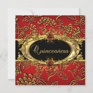 Invitation Quinceanera 15e Damask Rouge Or Noir