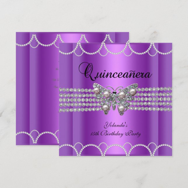 Invitation Quinceanera 15e dentelle perle de papillon pourpre (Devant / Derrière)