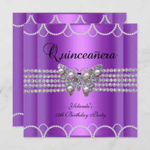Invitation Quinceanera 15e dentelle perle de papillon pourpre