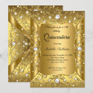 Invitation Quinceanera 15e fête d'anniversaire Gold Pearl Jew