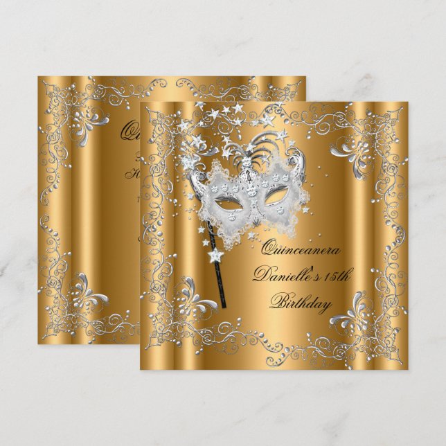 Invitation Quinceanera 15e fête d'anniversaire Masquerade Gol (Devant / Derrière)
