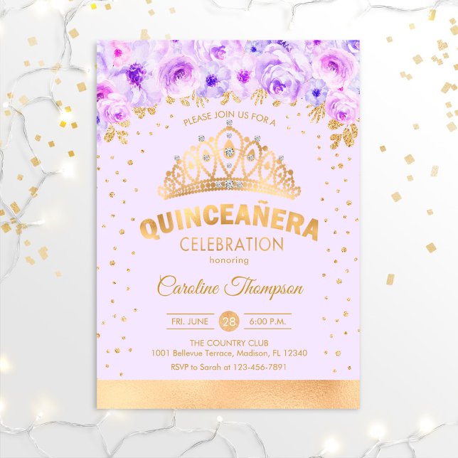 Invitation Quinceanera 15e fête d'anniversaire - Or pourpre (Créateur téléchargé)