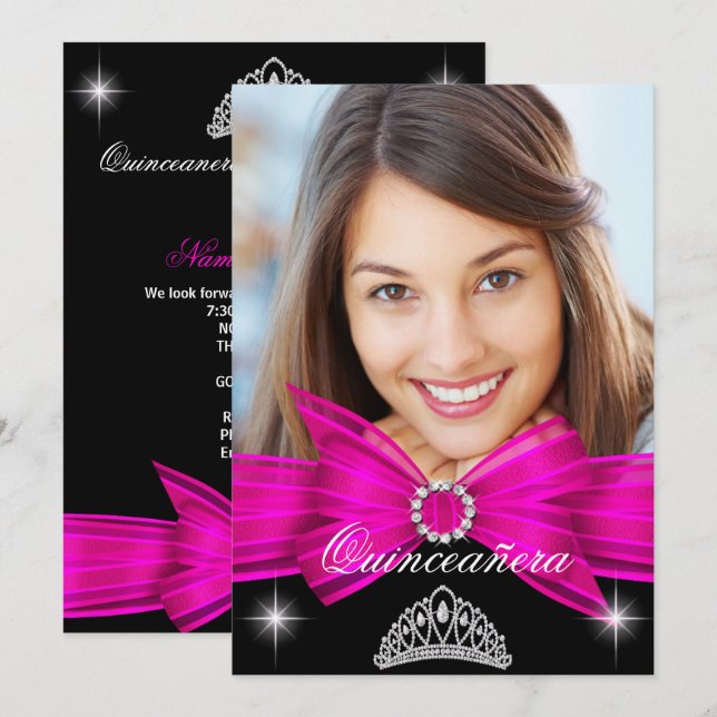 Invitation Quinceanera 15e fête d'anniversaire rose chaud 2 (Devant / Derrière)