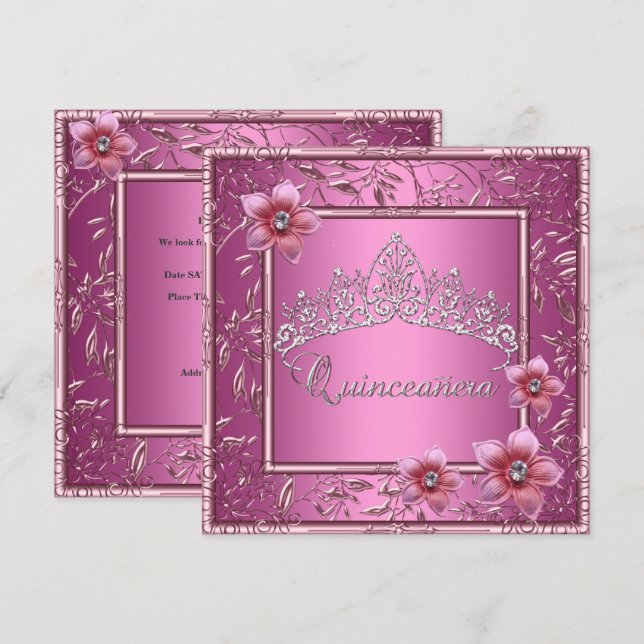 Invitation Quinceanera 15e fête d'anniversaire rose Tiara ros (Devant / Derrière)