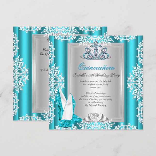 Invitation Quinceanera 15e fête d'anniversaire Turquoises tal (Devant / Derrière)