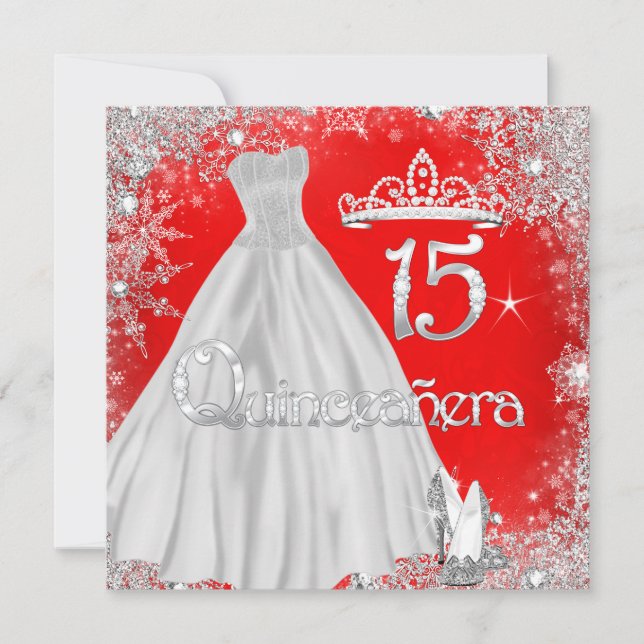 Invitation Quinceanera 15e Fête des flocons d'argent rouge (Devant)
