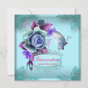 Invitation Quinceañera 15e Fête Turquoise aux papillons pourp
