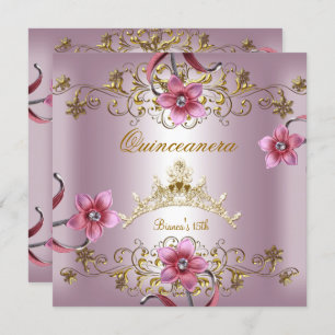Invitation Quinceanera 15e Fleurs roses Gold Tiara