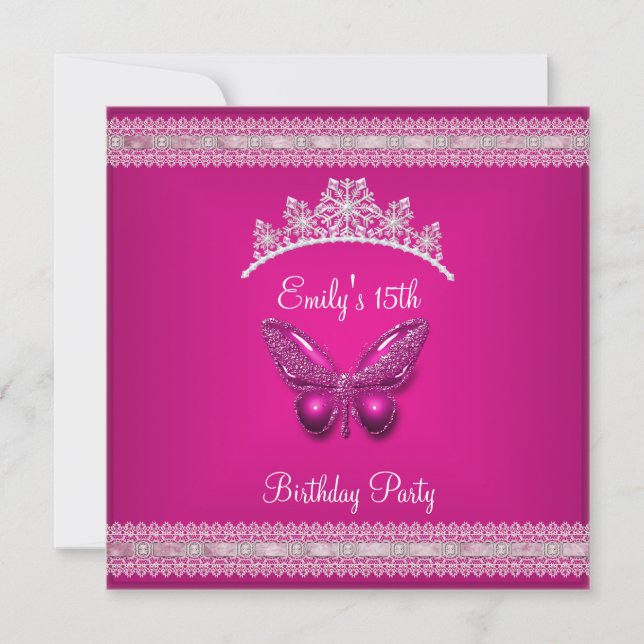 Invitation Quinceanera 15e Fushia Papillon Tiara rose (Devant)